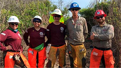 Group of 5 smiling volunteers standing in a marsh area wearing hard hats.